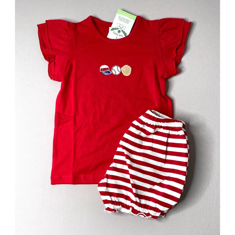 NWT The Oaks Apparel Let's Play Ball Red Stripe Baseball Bloomer Set Girls 2 Yrs